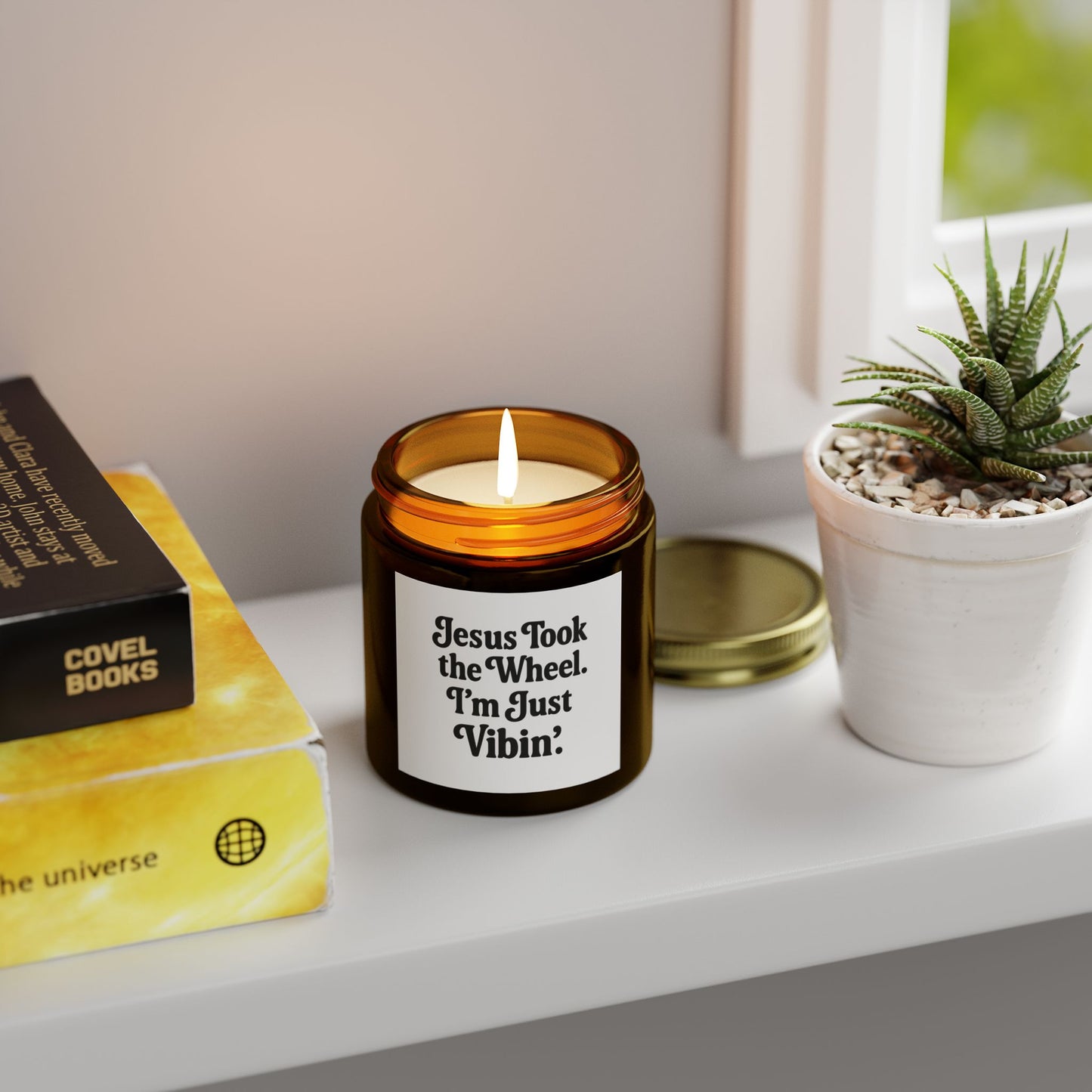 "Jesus Took the Wheel. I'm Just Vibin." Scented Candle – 4oz Coconut Apricot Wax Candle, Faith-Based Gift with Relaxing Vibes