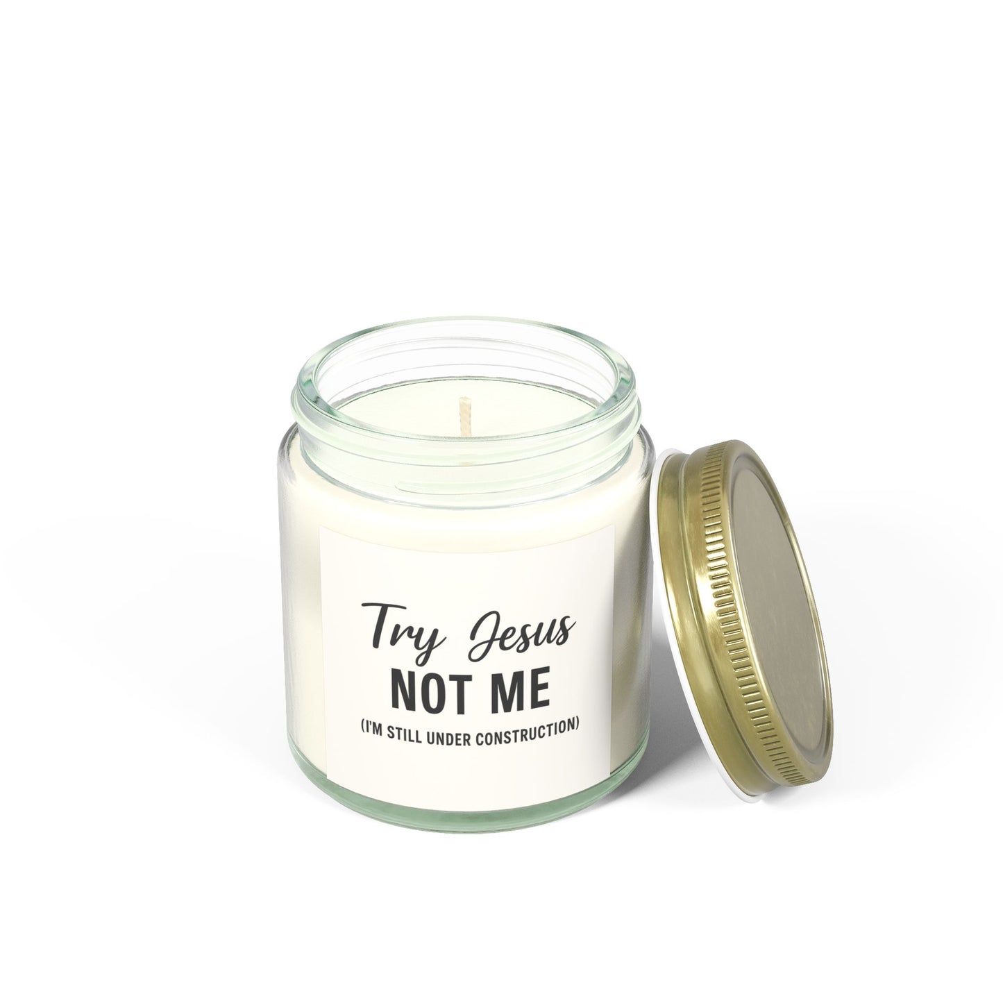 Try Jesus, Not Me. I’m Still Under Construction – 4oz Scented Candle, Coconut Apricot Wax, Funny Christian Gift, Faith with a Side of Realness