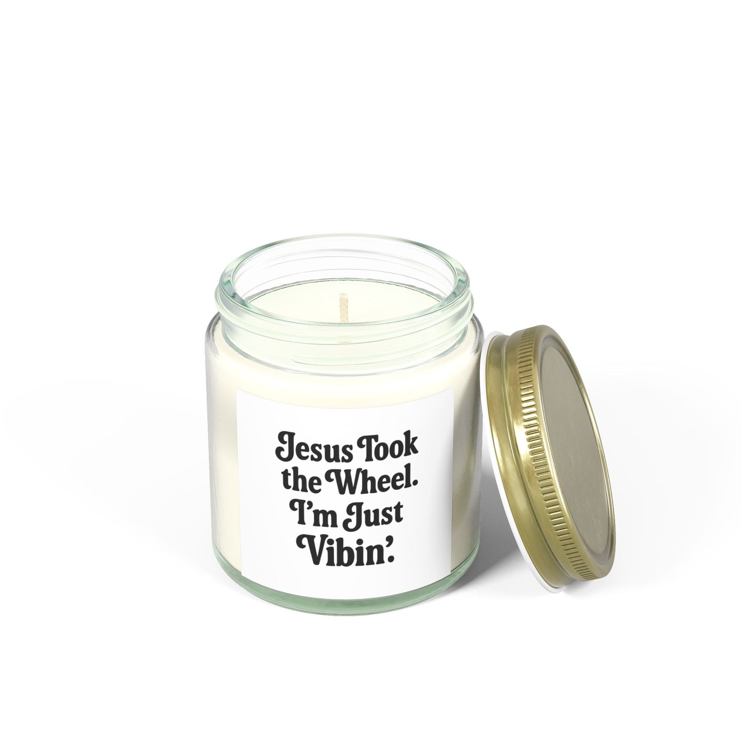 "Jesus Took the Wheel. I'm Just Vibin." Scented Candle – 4oz Coconut Apricot Wax Candle, Faith-Based Gift with Relaxing Vibes