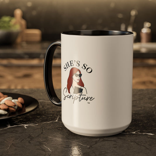 Colorful Scripture Mugs: She's So Scripture, Gift for Friends, Coffee Lovers, Bible Study, Black and White Accent