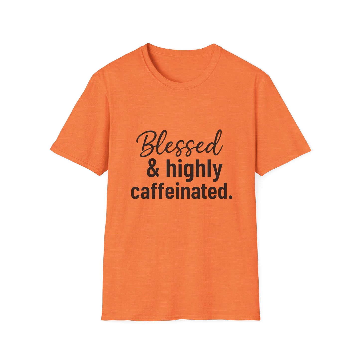 Blessed & Highly Caffeinated T-Shirt – Funny Christian Coffee Lover Tee with Black Lettering
