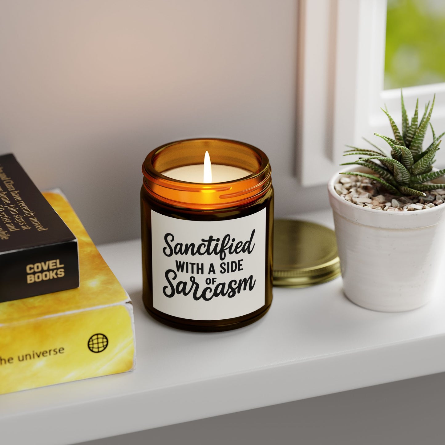 Sanctified with a Side of Sarcasm Candle – 4oz Scented Coconut Apricot Wax, Funny Christian Gift, Faith-Based Home Decor