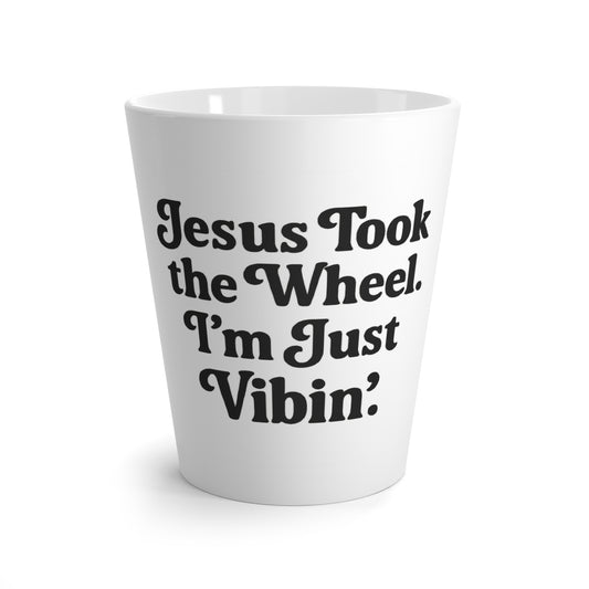 "Jesus Took the Wheel. I'm Just Vibin." Latte Mug – Funny Faith-Based Mug for Coffee Lovers & Spiritual Chill Vibes