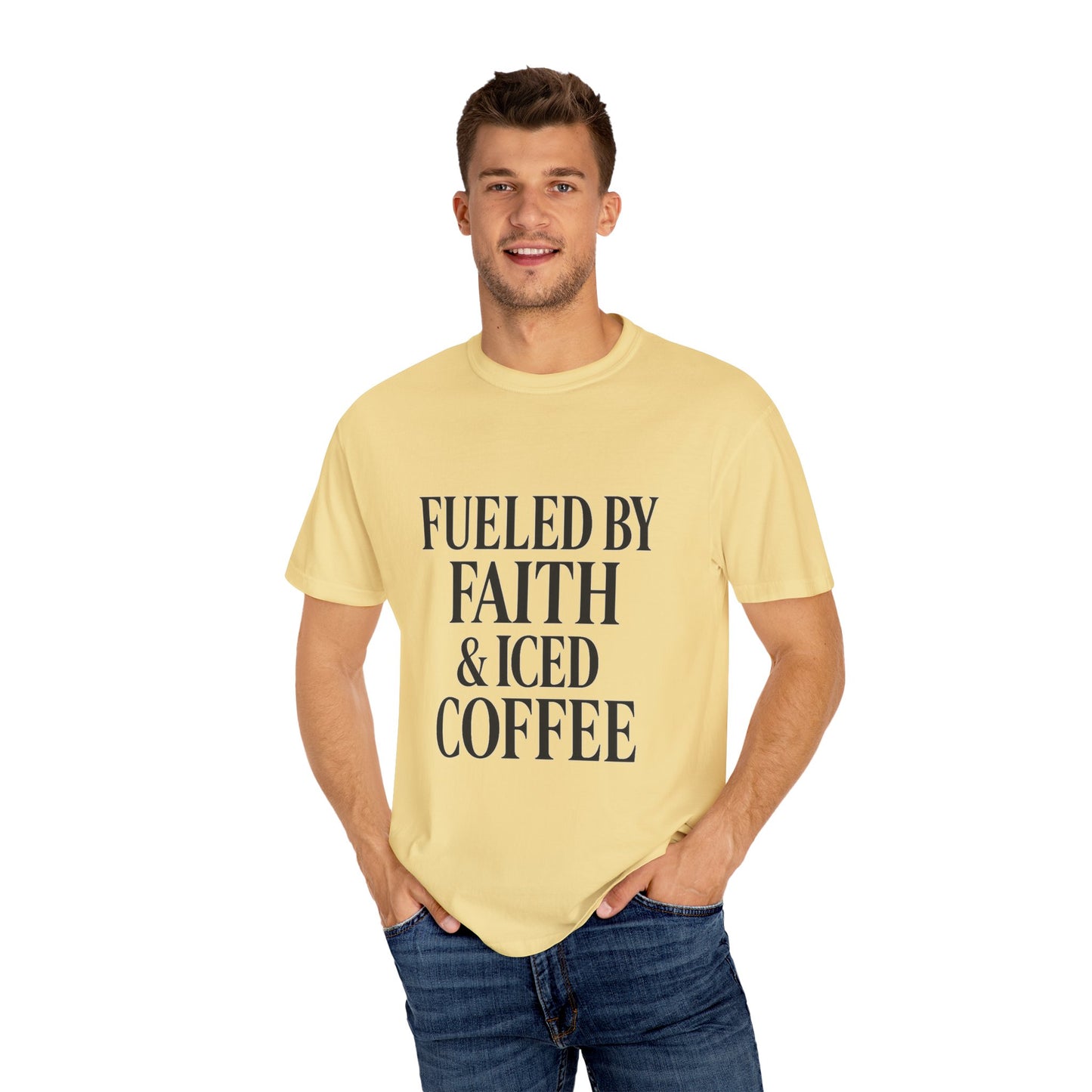 I Run on Faith & Iced Coffee Tee – Round‑Neck Unisex Shirt • Caffeine + Conviction
