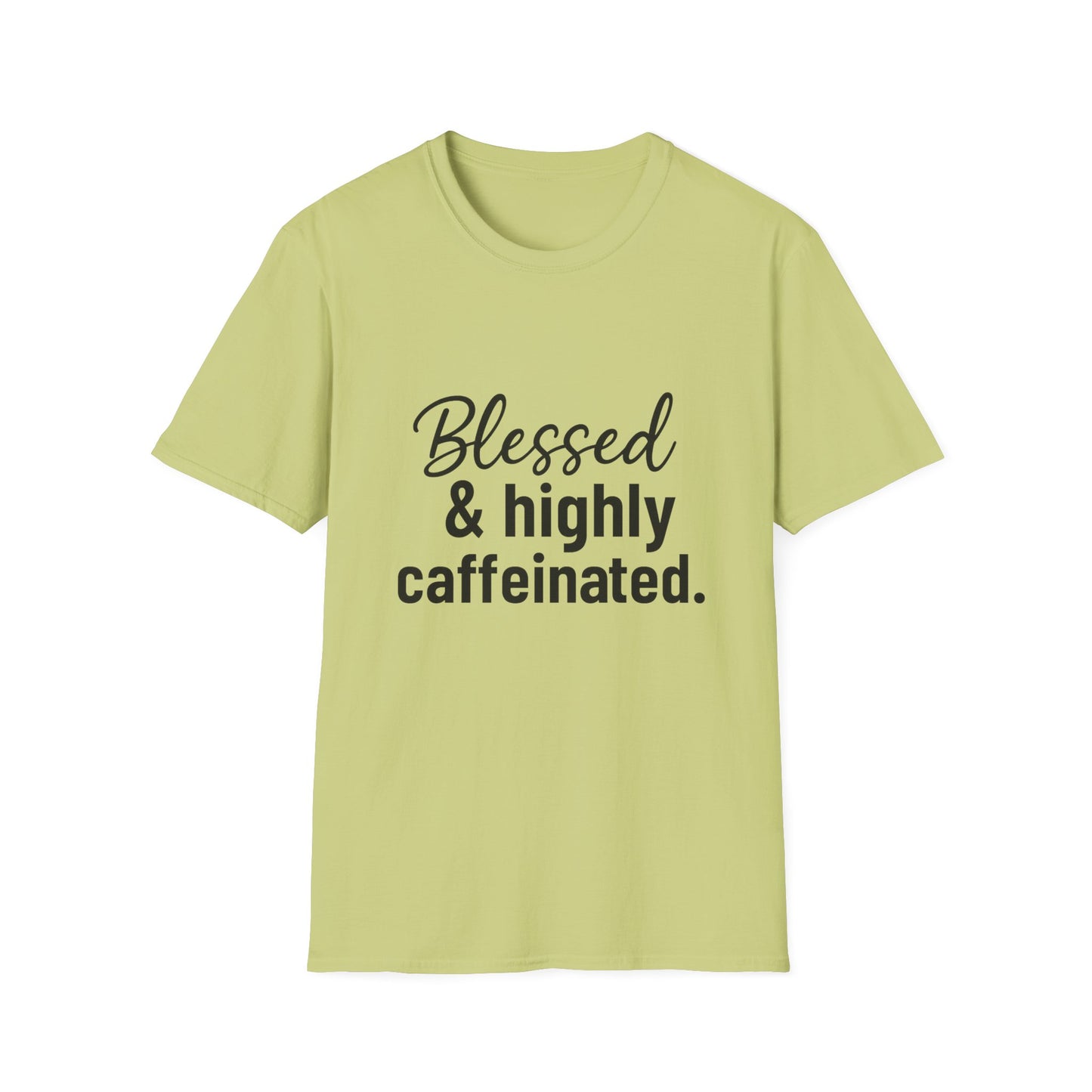 Blessed & Highly Caffeinated T-Shirt – Funny Christian Coffee Lover Tee with Black Lettering
