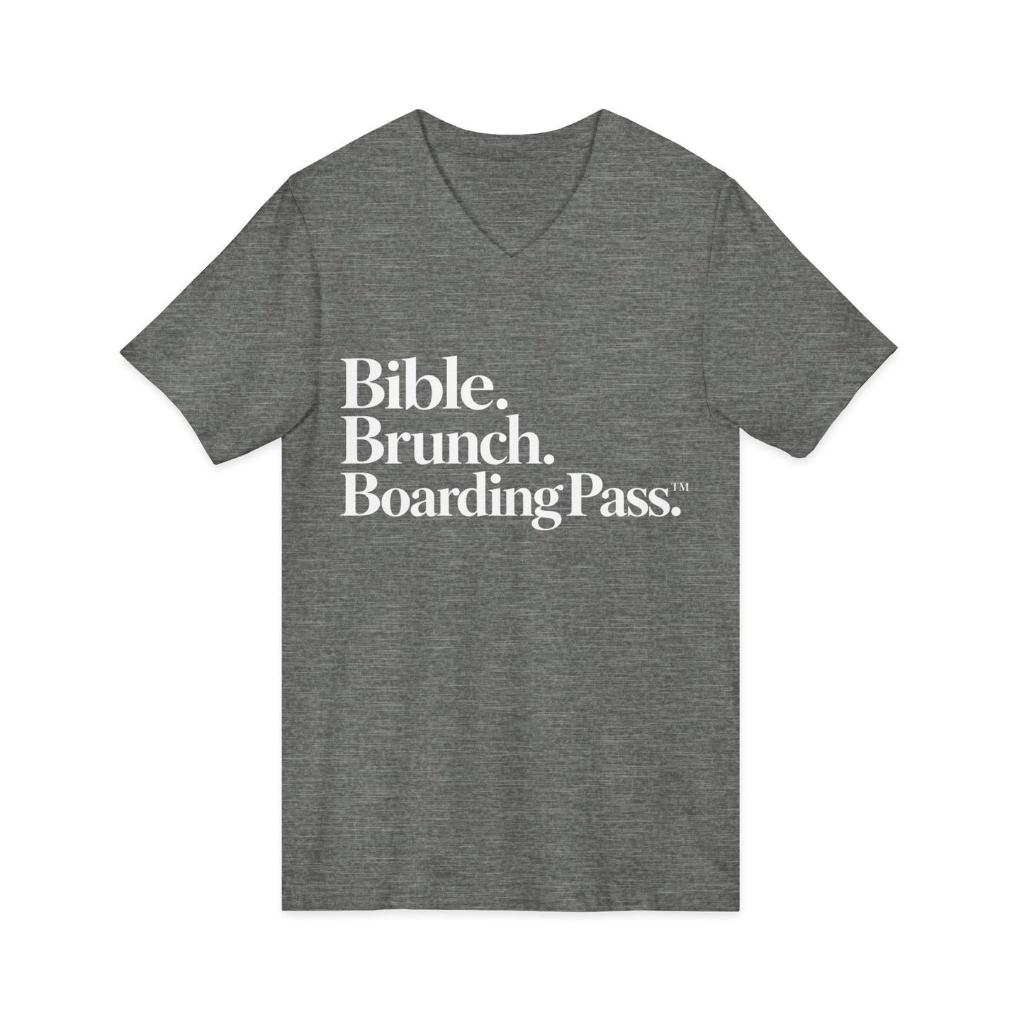 Bible Brunch Boarding Pass V-Neck Tee — Dark Colors | Christian Travel & Weekend Shirt