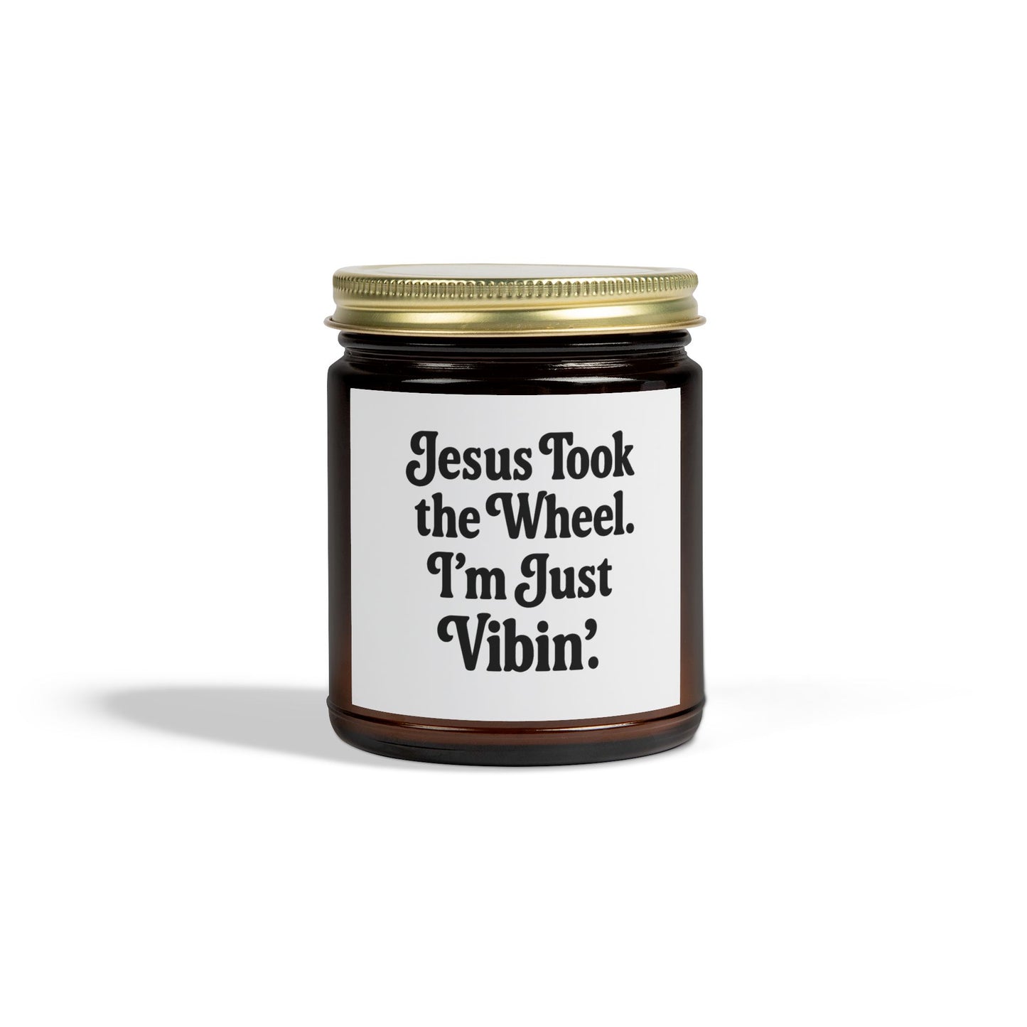 "Jesus Took the Wheel. I'm Just Vibin." Scented Candle – 4oz Coconut Apricot Wax Candle, Faith-Based Gift with Relaxing Vibes