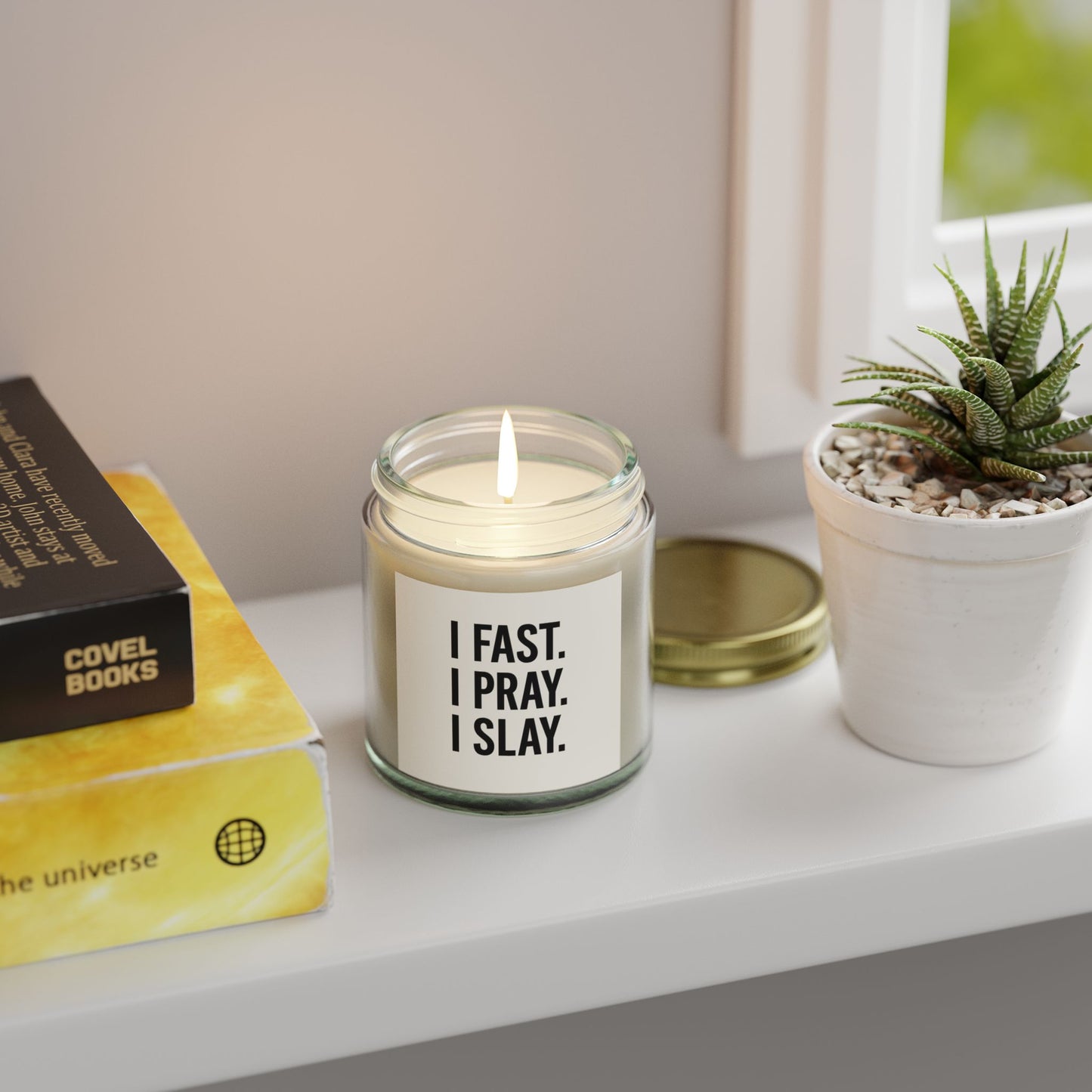 "I Fast. I Pray. I Slay." Scented Candle – 4oz Coconut Apricot Wax, Christian Empowerment Gift, Faith & Self-Care Home Decor