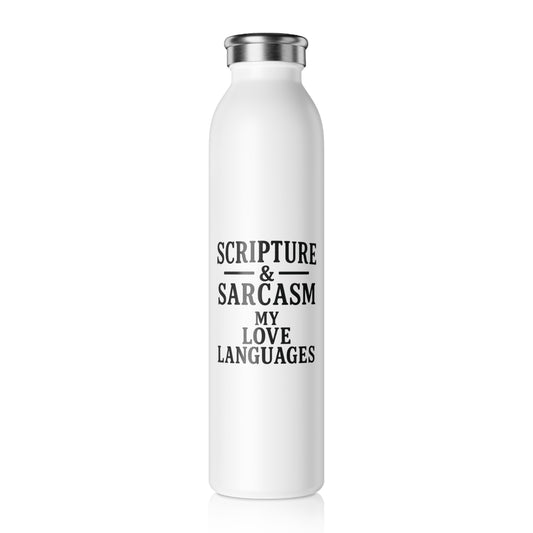 Scripture & Sarcasm. My Love Languages™ Water Bottle – Funny Christian Gift for Women, Bible Study, & On-the-Go Faith