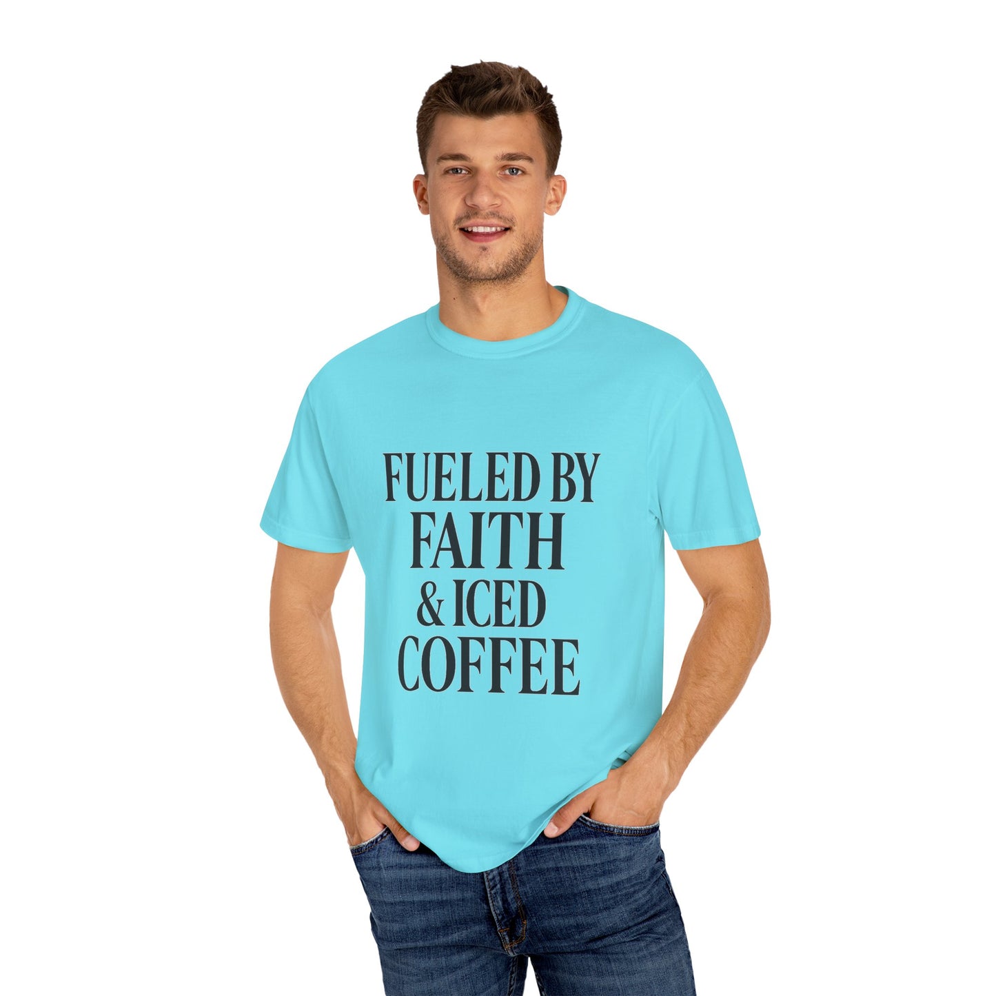 I Run on Faith & Iced Coffee Tee – Round‑Neck Unisex Shirt • Caffeine + Conviction