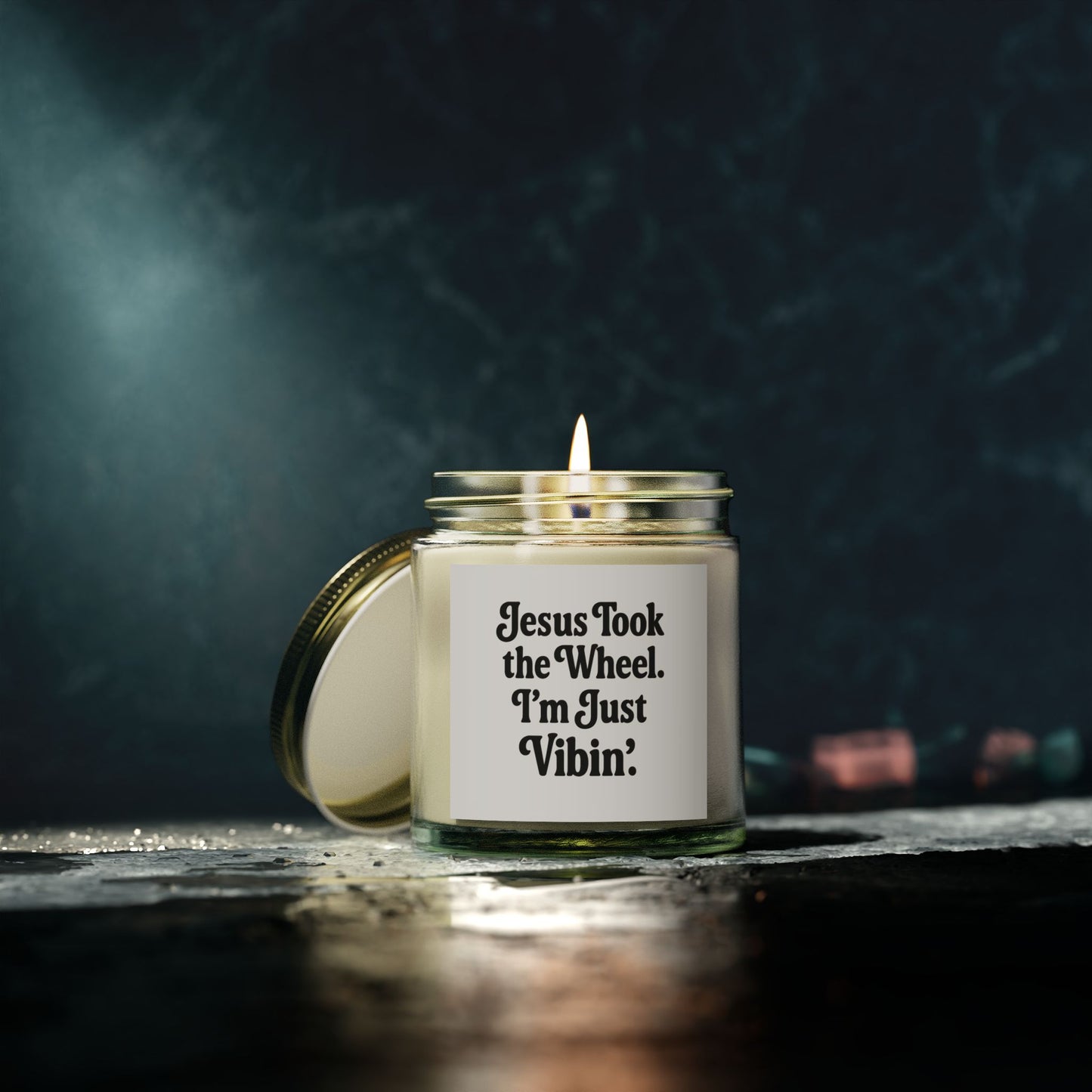 "Jesus Took the Wheel. I'm Just Vibin." Scented Candle – 4oz Coconut Apricot Wax Candle, Faith-Based Gift with Relaxing Vibes