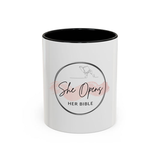 She Opens Her Bible™ Accent Mug (11 oz & 15 oz) – Faith‑Inspired Ceramic Coffee Cup