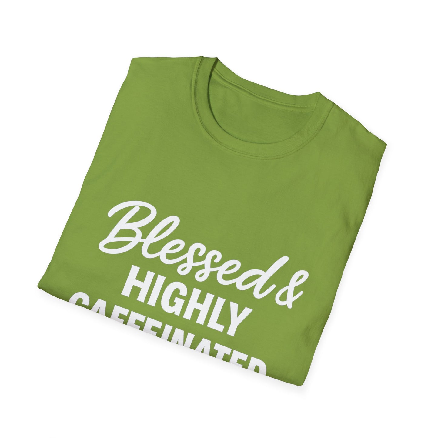 Blessed & Highly Caffeinated Unisex T-Shirt – Funny Christian Coffee Tee with White Lettering