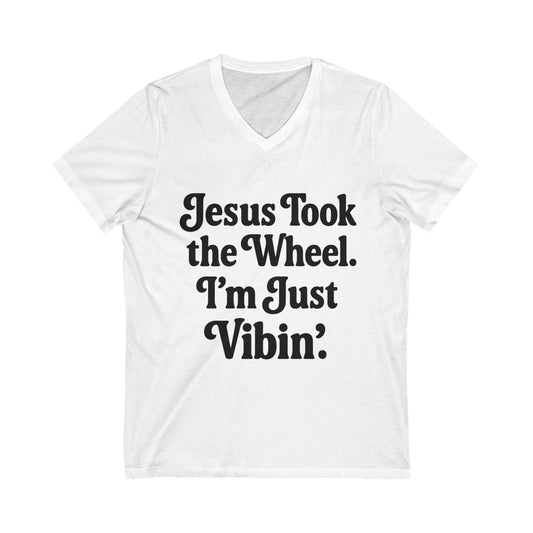 Jesus Took the Wheel V-Neck Tee, Faith Tee, Christian Apparel, Humor Shirt, Inspirational T-Shirt, Everyday Wear
