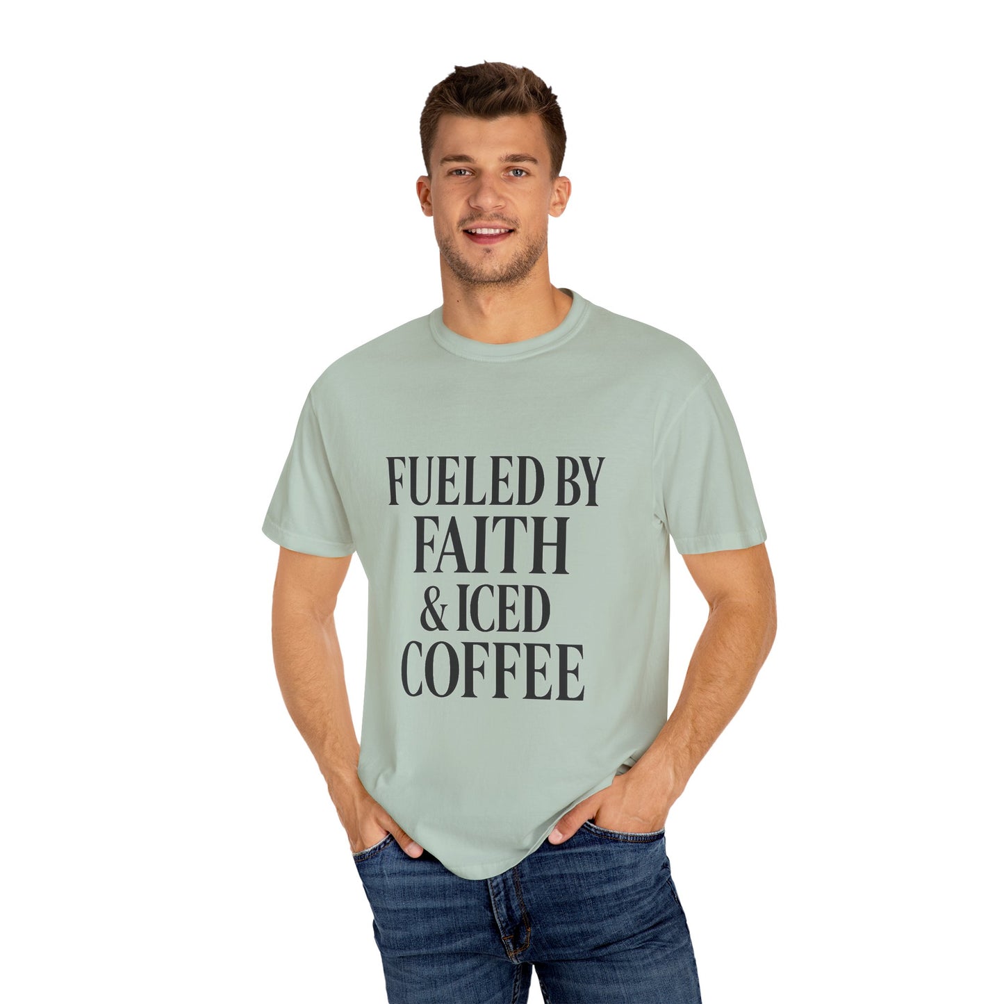 I Run on Faith & Iced Coffee Tee – Round‑Neck Unisex Shirt • Caffeine + Conviction
