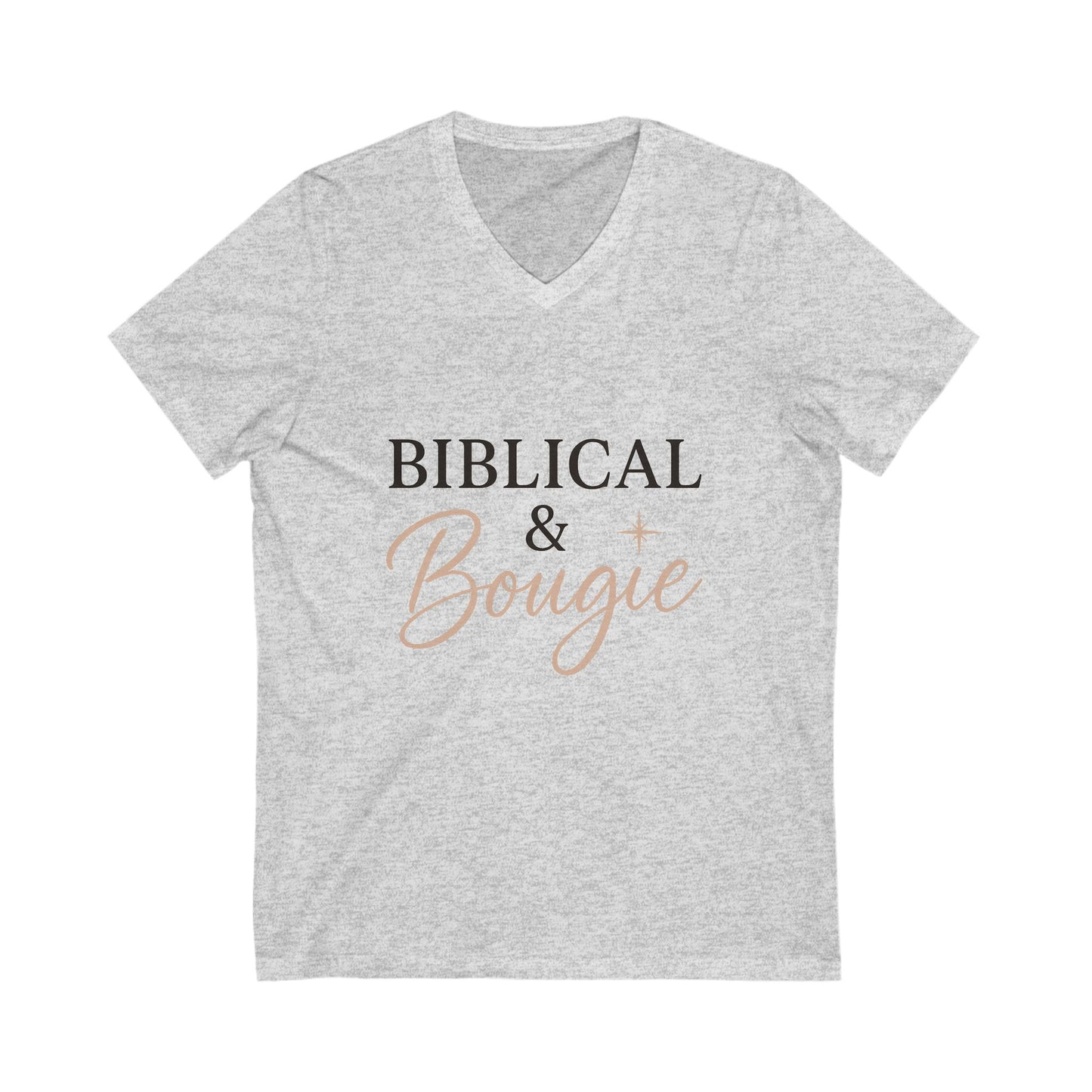 "Biblical & Bougie" V-Neck T-Shirt – Trendy Faith-Based Tee for Bold, God-Loving Women