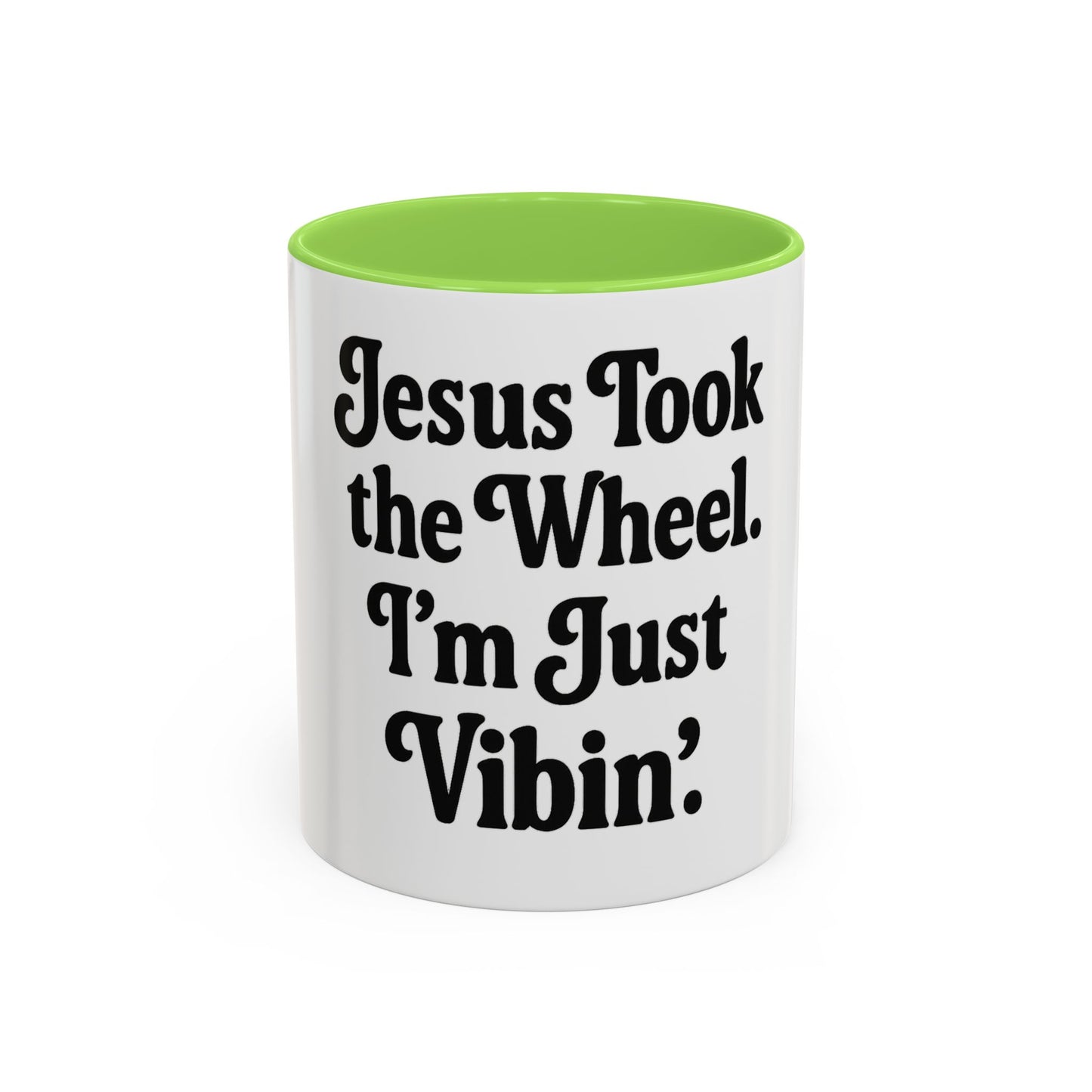 "Jesus Took the Wheel. I'm Just Vibin." Coffee Mug – Funny Faith-Based Mug for Relaxed Mornings & Spiritual Sass