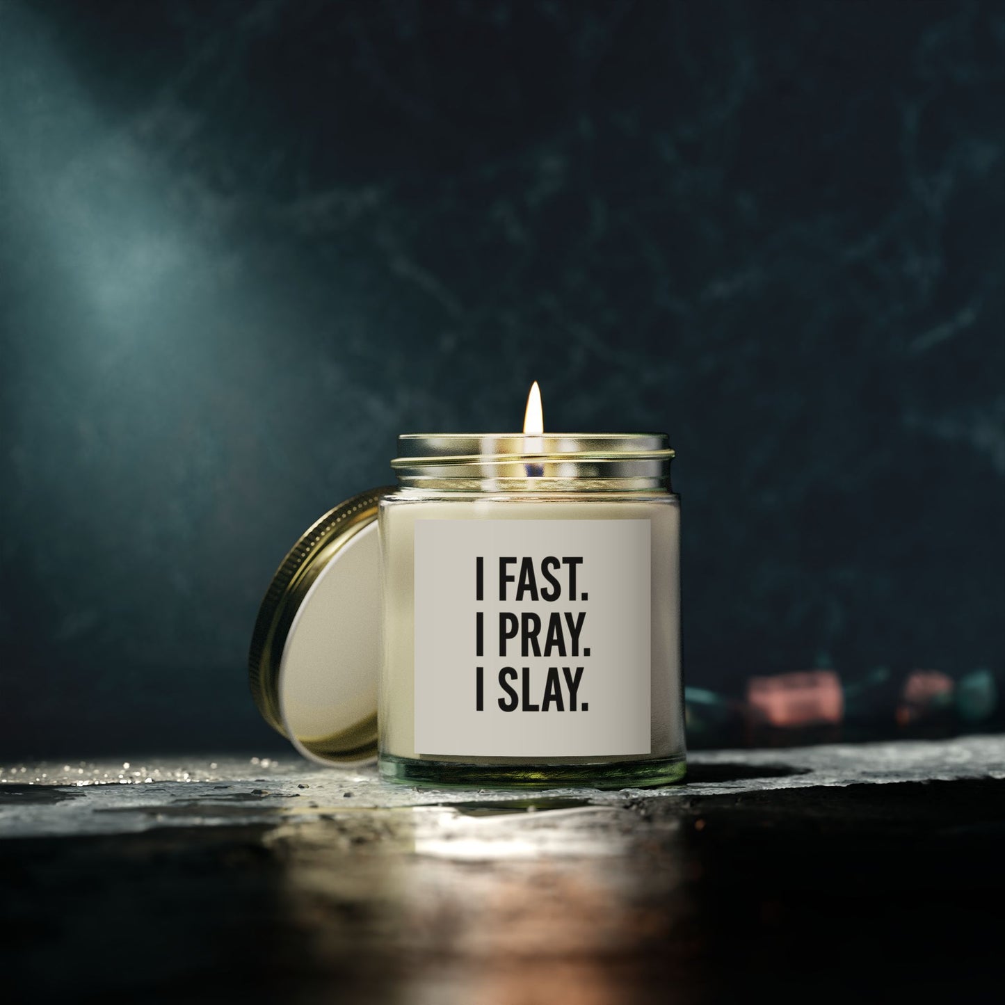 "I Fast. I Pray. I Slay." Scented Candle – 4oz Coconut Apricot Wax, Christian Empowerment Gift, Faith & Self-Care Home Decor