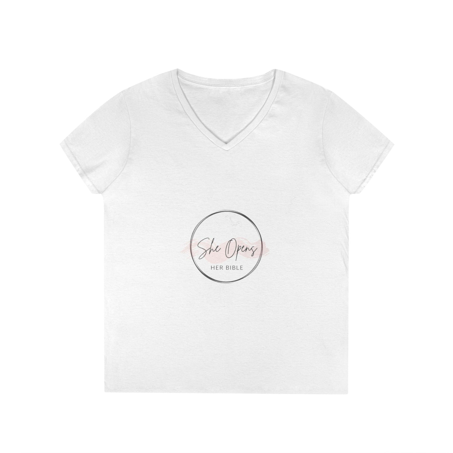 She Opens Her Bible™ Women’s V-Neck T-Shirt – Faith-Inspired Cotton Tee with Flattering Fit