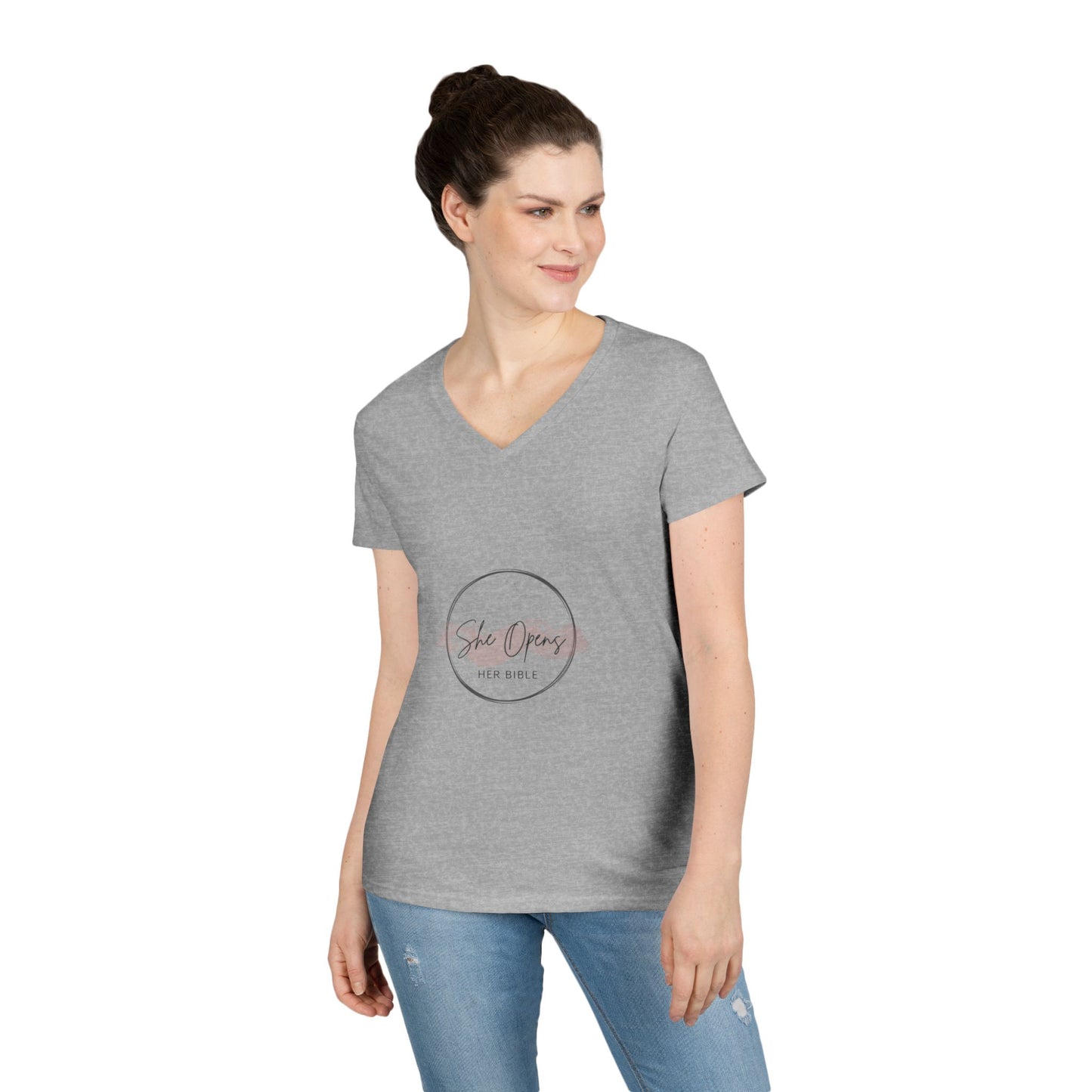 She Opens Her Bible™ Women’s V-Neck T-Shirt – Faith-Inspired Cotton Tee with Flattering Fit