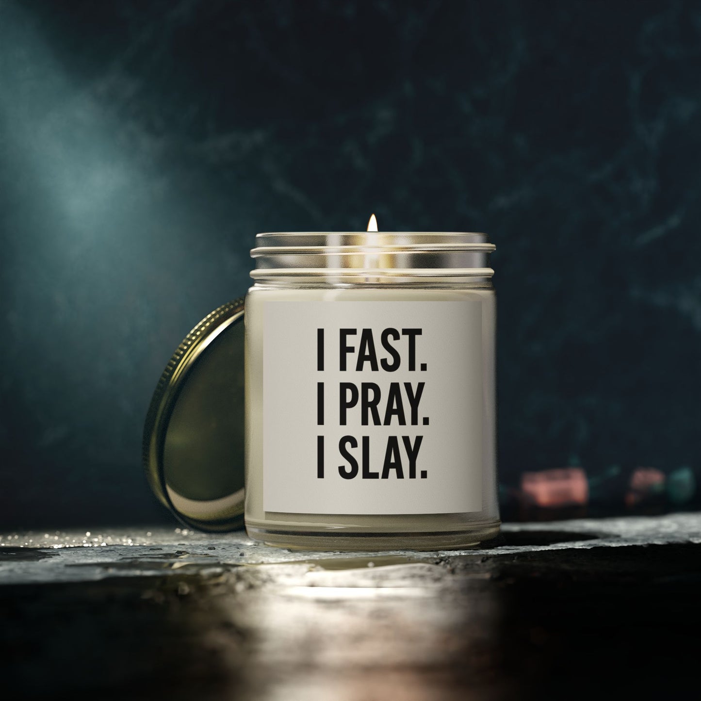 "I Fast. I Pray. I Slay." Scented Candle – 4oz Coconut Apricot Wax, Christian Empowerment Gift, Faith & Self-Care Home Decor