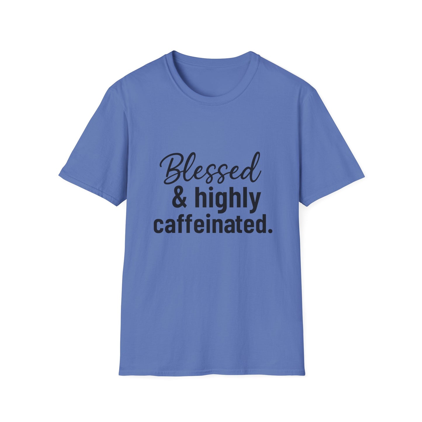 Blessed & Highly Caffeinated T-Shirt – Funny Christian Coffee Lover Tee with Black Lettering