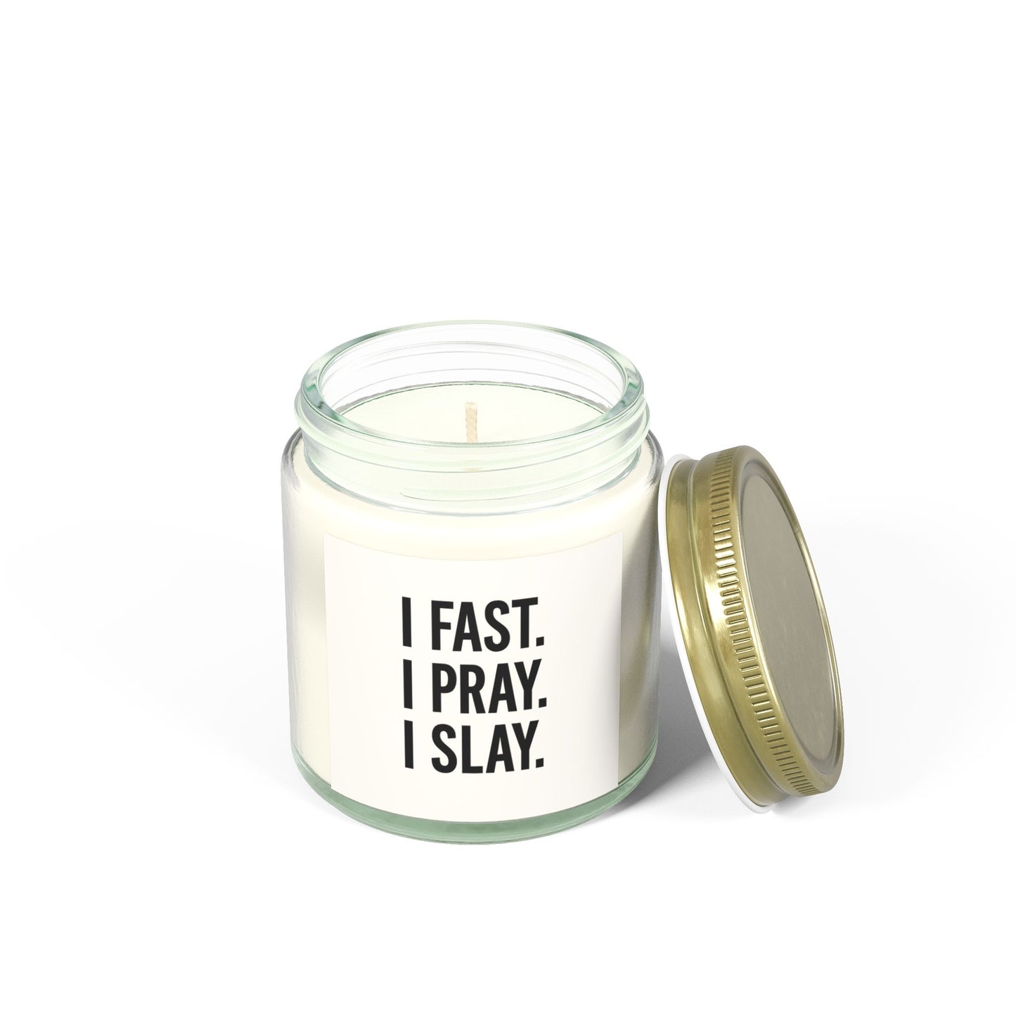 "I Fast. I Pray. I Slay." Scented Candle – 4oz Coconut Apricot Wax, Christian Empowerment Gift, Faith & Self-Care Home Decor