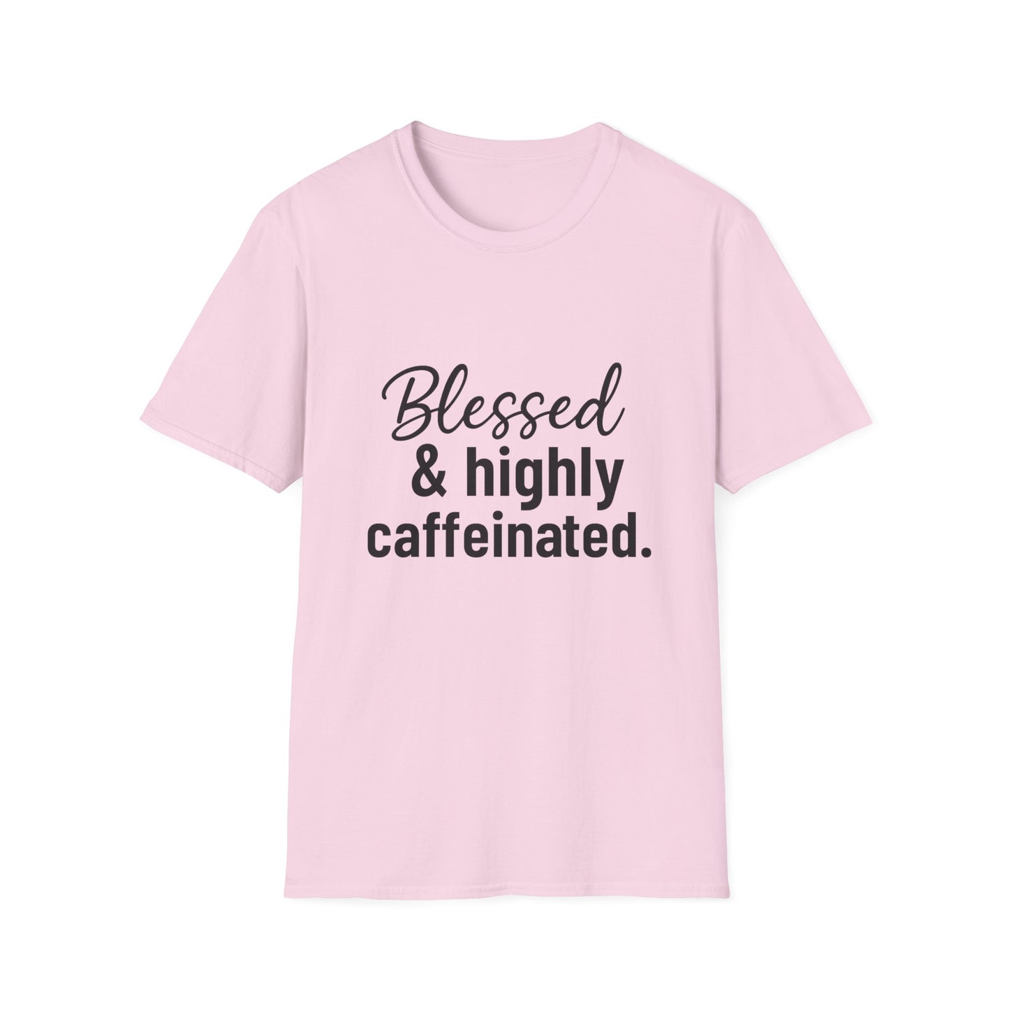 Blessed & Highly Caffeinated T-Shirt – Funny Christian Coffee Lover Tee with Black Lettering