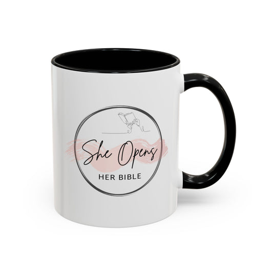 She Opens Her Bible™ Accent Coffee Mug – Faith-Inspired Ceramic Mug in 11oz & 15oz