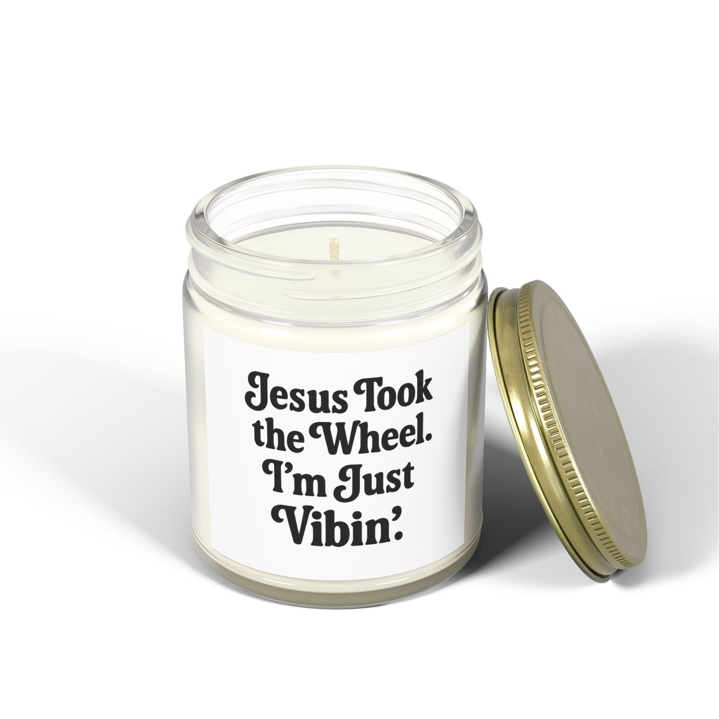 "Jesus Took the Wheel. I'm Just Vibin." Scented Candle – 4oz Coconut Apricot Wax Candle, Faith-Based Gift with Relaxing Vibes