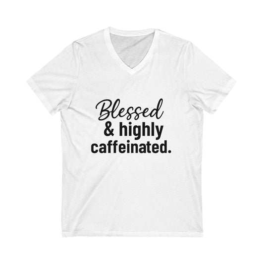 Blessed & Highly Caffeinated T-Shirt – Unisex Christian Coffee Lover Tee with Black Lettering