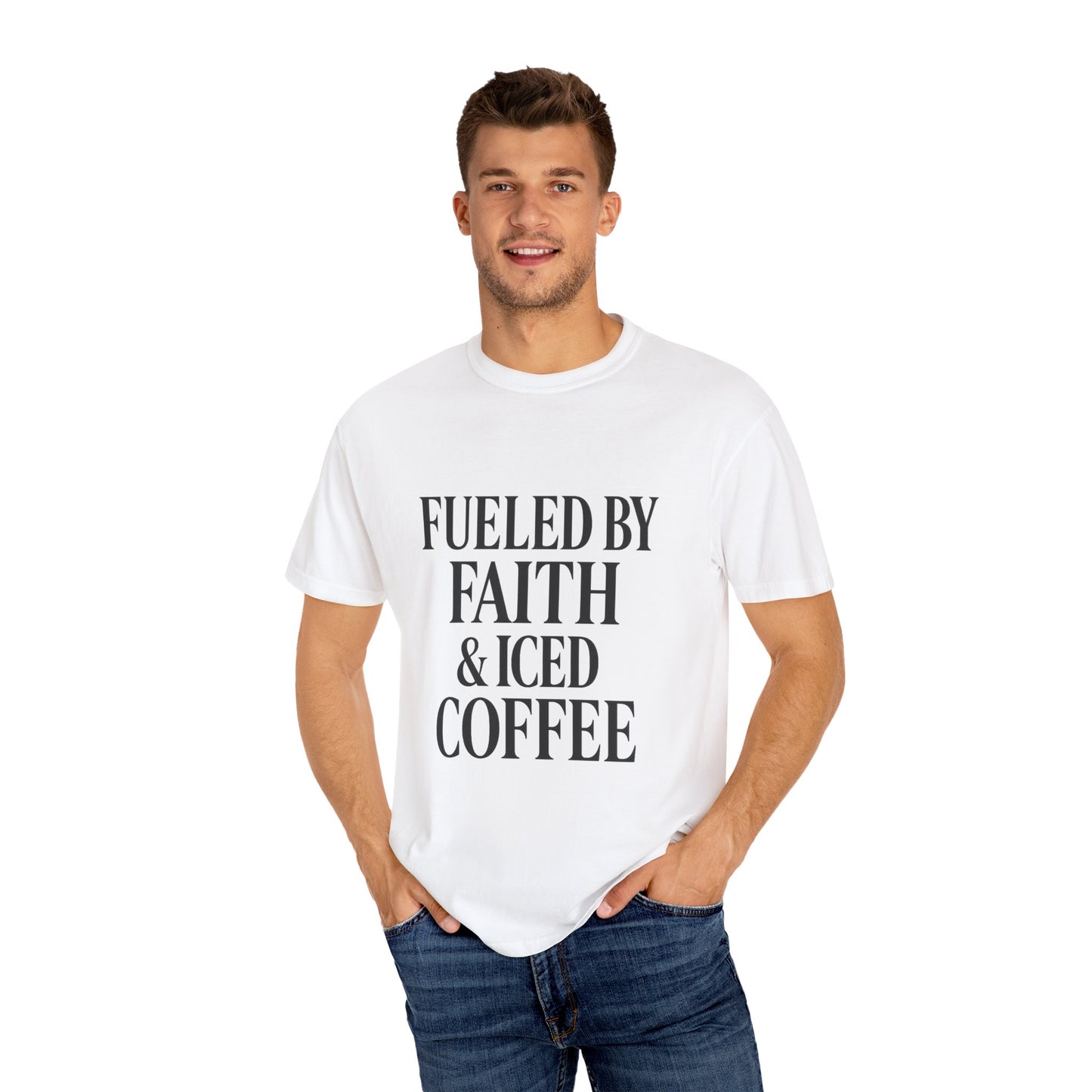 I Run on Faith & Iced Coffee Tee – Round‑Neck Unisex Shirt • Caffeine + Conviction