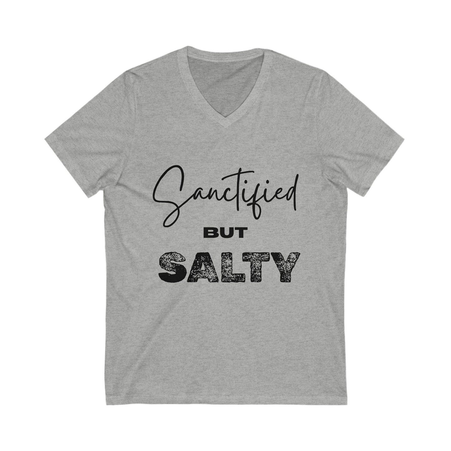 "Sanctified But Salty" V-Neck Tee – Funny Christian Shirt in Black Lettering