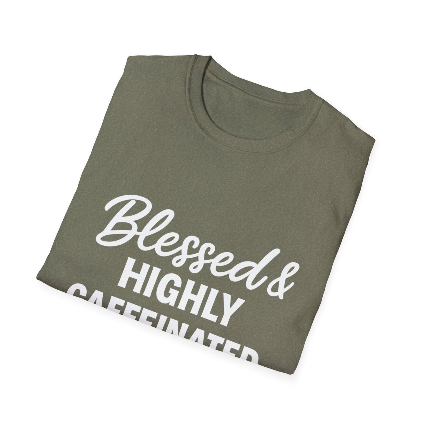 Blessed & Highly Caffeinated Unisex T-Shirt – Funny Christian Coffee Tee with White Lettering