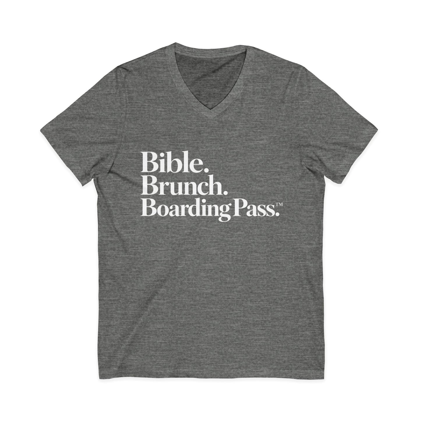 Bible Brunch Boarding Pass V-Neck Tee — Dark Colors | Christian Travel & Weekend Shirt