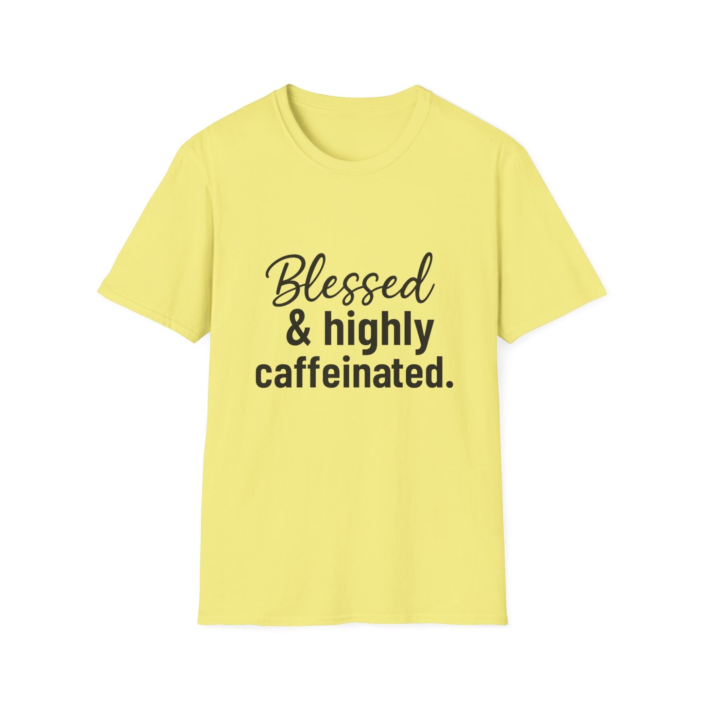 Blessed & Highly Caffeinated T-Shirt – Funny Christian Coffee Lover Tee with Black Lettering