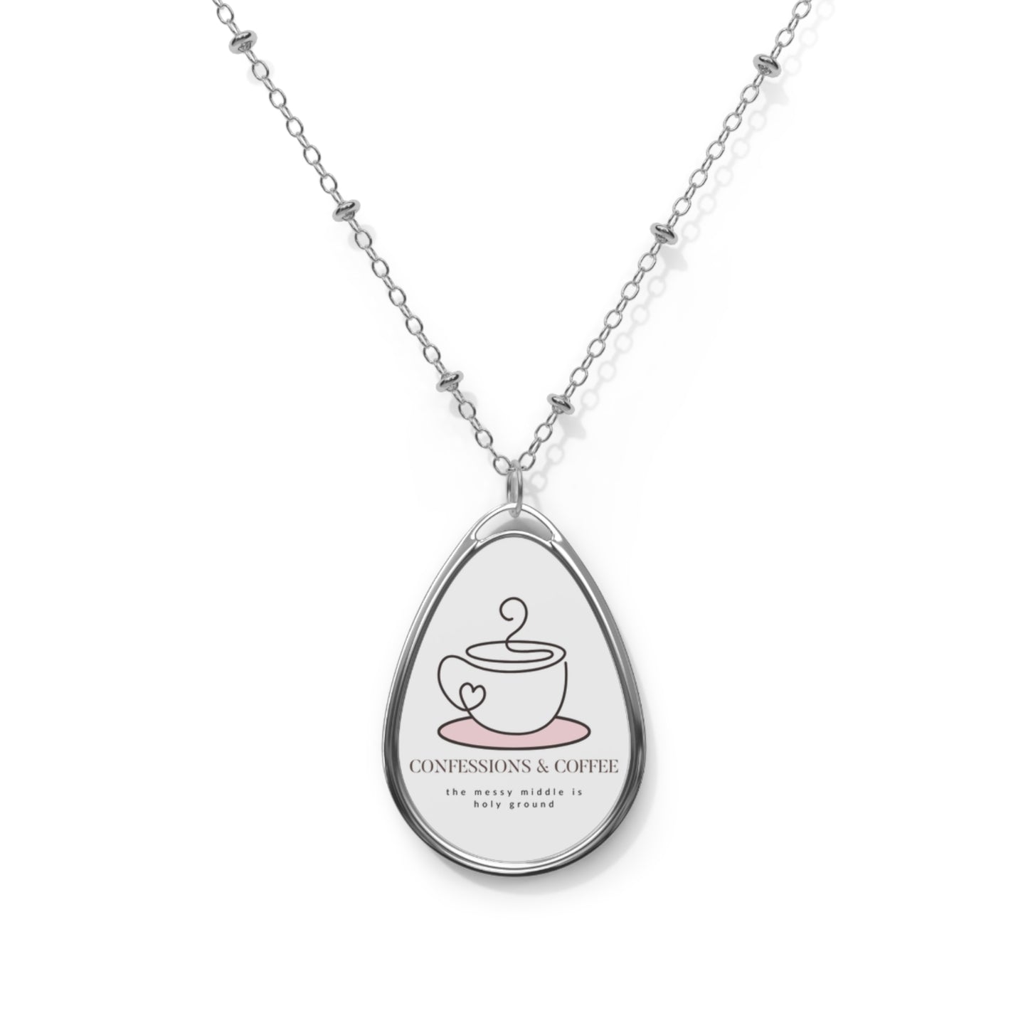 Faith-Inspired Oval Necklace – Confessions & Coffee Minimalist Pendant | Christian Gift for Women & Coffee Lovers