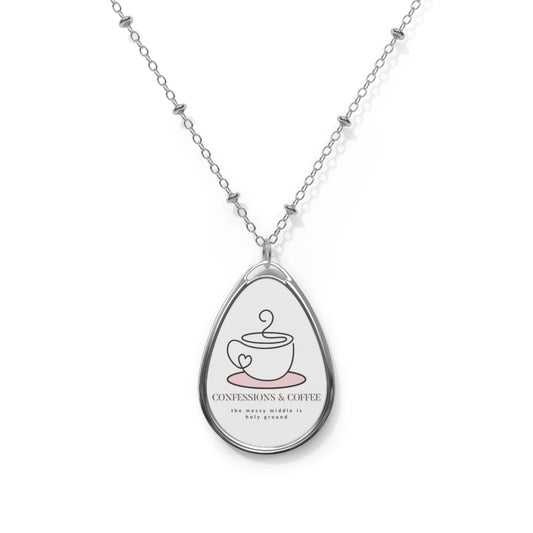 Faith-Inspired Oval Necklace – Confessions & Coffee Minimalist Pendant | Christian Gift for Women & Coffee Lovers
