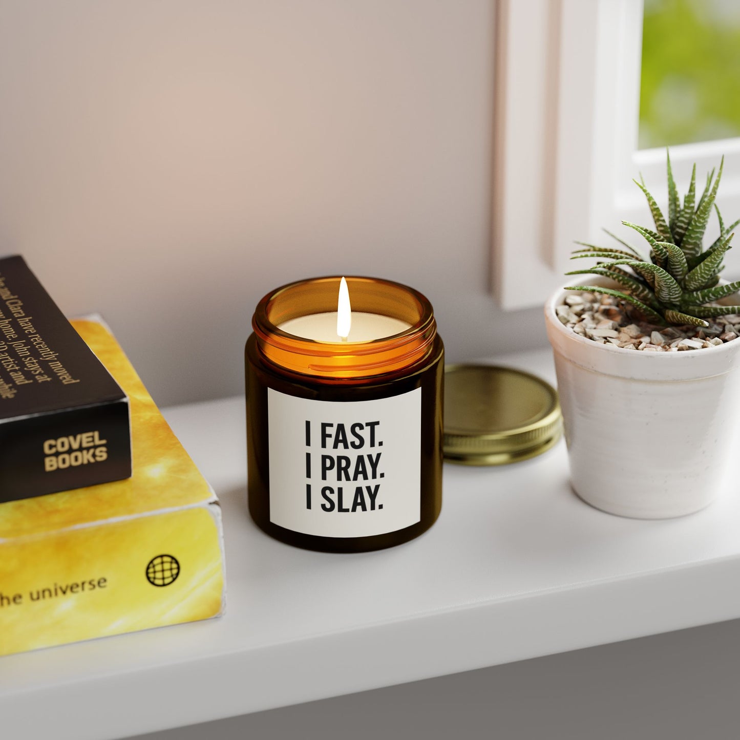 "I Fast. I Pray. I Slay." Scented Candle – 4oz Coconut Apricot Wax, Christian Empowerment Gift, Faith & Self-Care Home Decor