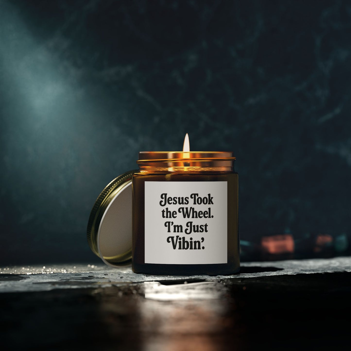 "Jesus Took the Wheel. I'm Just Vibin." Scented Candle – 4oz Coconut Apricot Wax Candle, Faith-Based Gift with Relaxing Vibes