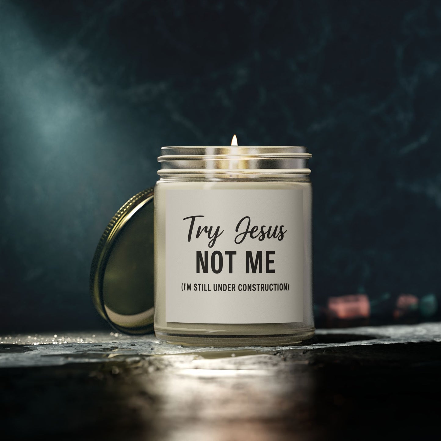 Try Jesus, Not Me. I’m Still Under Construction – 4oz Scented Candle, Coconut Apricot Wax, Funny Christian Gift, Faith with a Side of Realness
