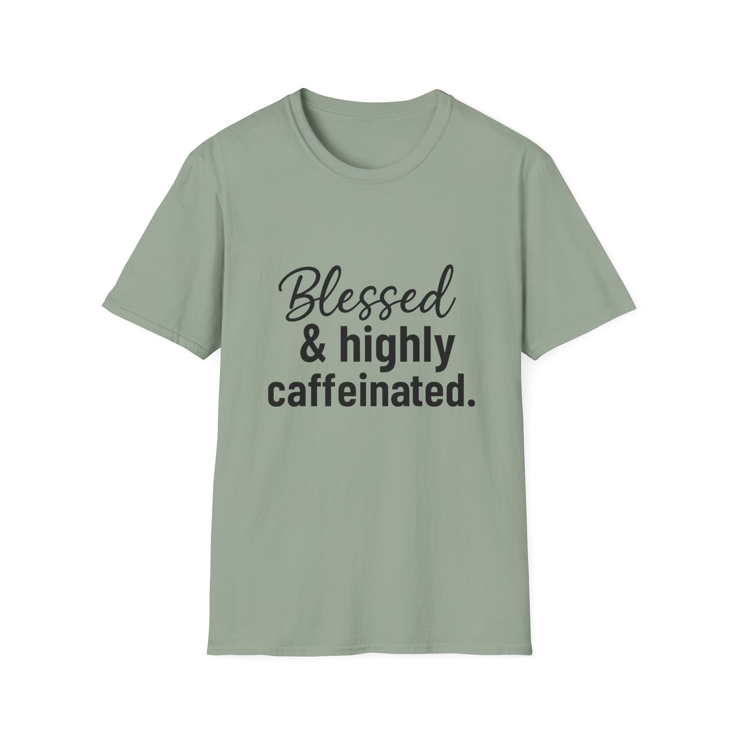 Blessed & Highly Caffeinated T-Shirt – Funny Christian Coffee Lover Tee with Black Lettering