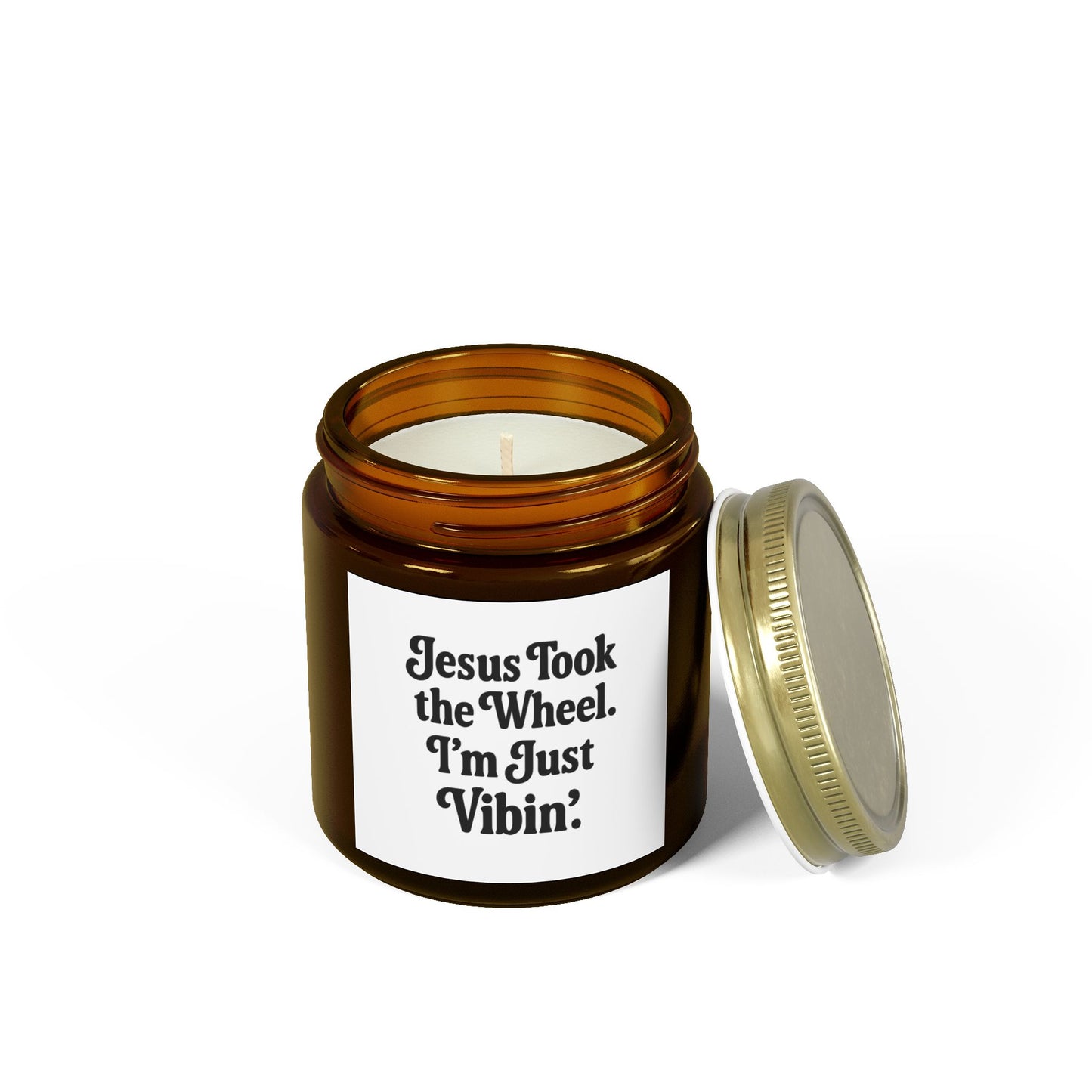 "Jesus Took the Wheel. I'm Just Vibin." Scented Candle – 4oz Coconut Apricot Wax Candle, Faith-Based Gift with Relaxing Vibes