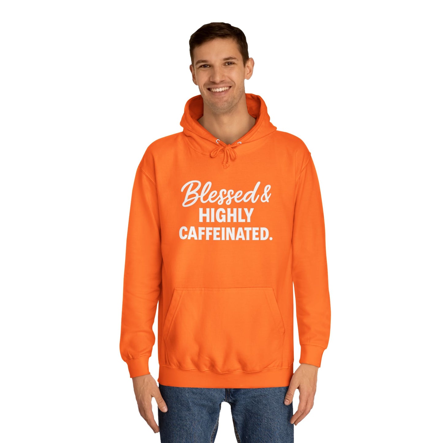 Blessed & Highly Caffeinated Unisex Hoodie – Christian Coffee Lover's Cozy Faith Sweatshirt (White Lettering)