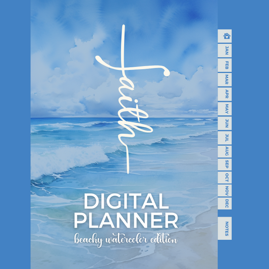 Faith Digital Planner – Watercolor Beach Edition | Spiritual Growth & Daily Life Organizer